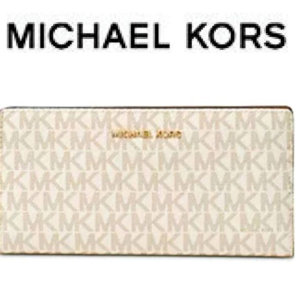 Michael Kors Jet Set Logo Large TZ Continental Leather Wallet- Vanilla
